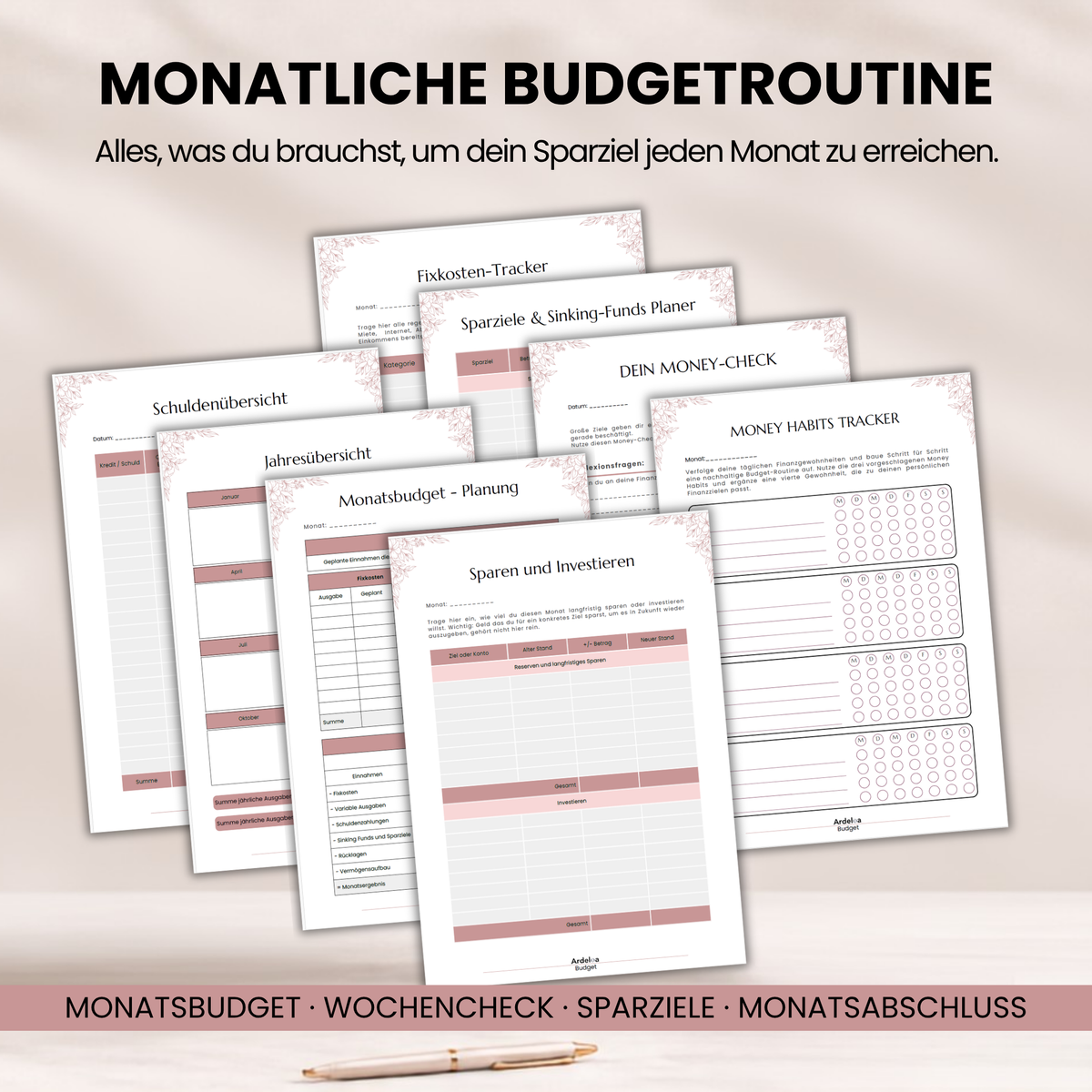 Monatliche Ardeloa Budgetroutine mit Vorlagen für Monatsbudget, Wochencheck, Sparziele und Monatsabschluss.