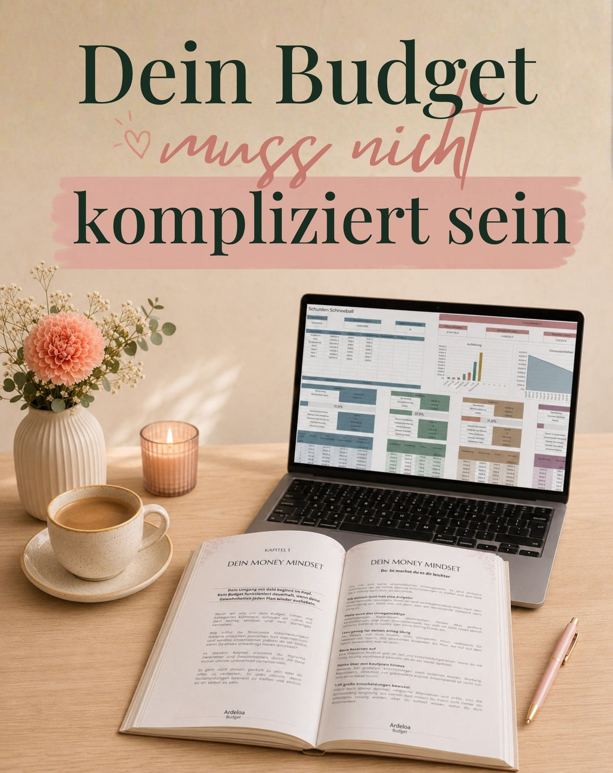 Ardeloa Money System mit geöffnetem Budget-Workbook, Excel-Tool auf einem Laptop und Kaffee auf einem hellen Schreibtisch.
