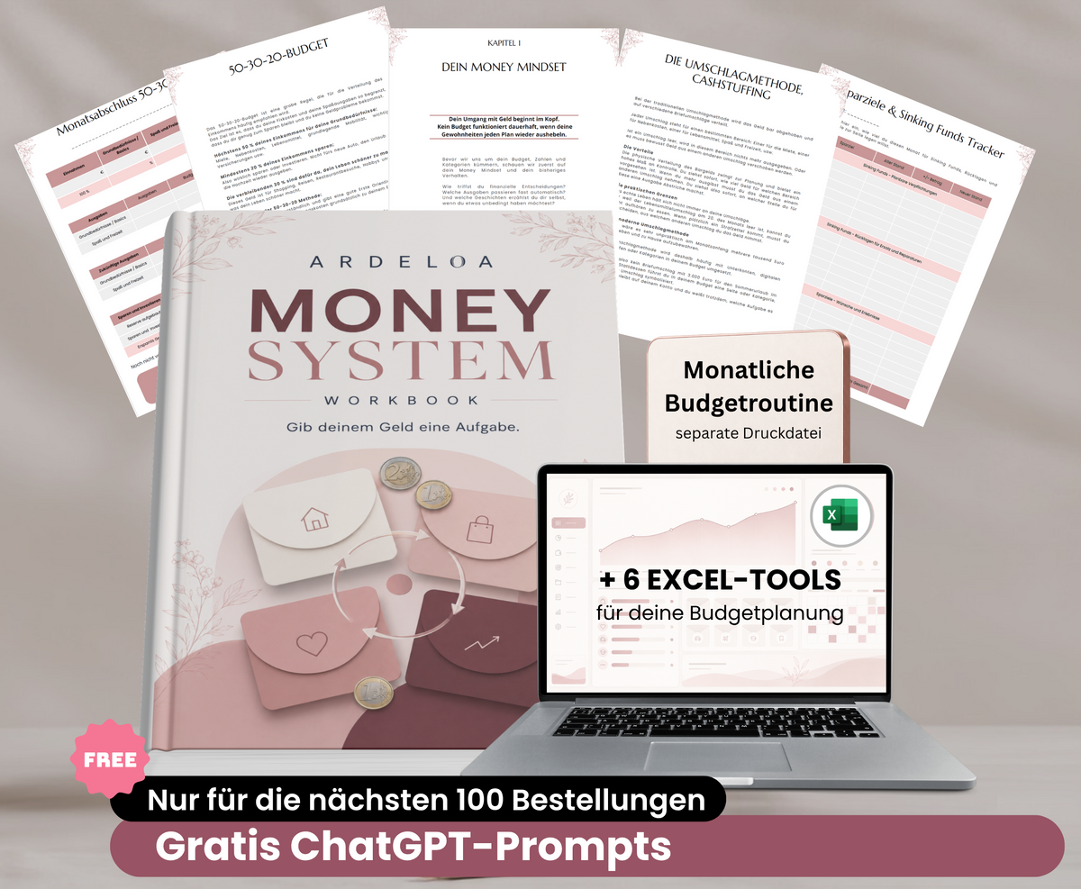 Ardeloa Money System mit Workbook, monatlicher Budgetroutine, sechs Excel-Tools und kostenlosen ChatGPT-Prompts für die Budgetplanung.