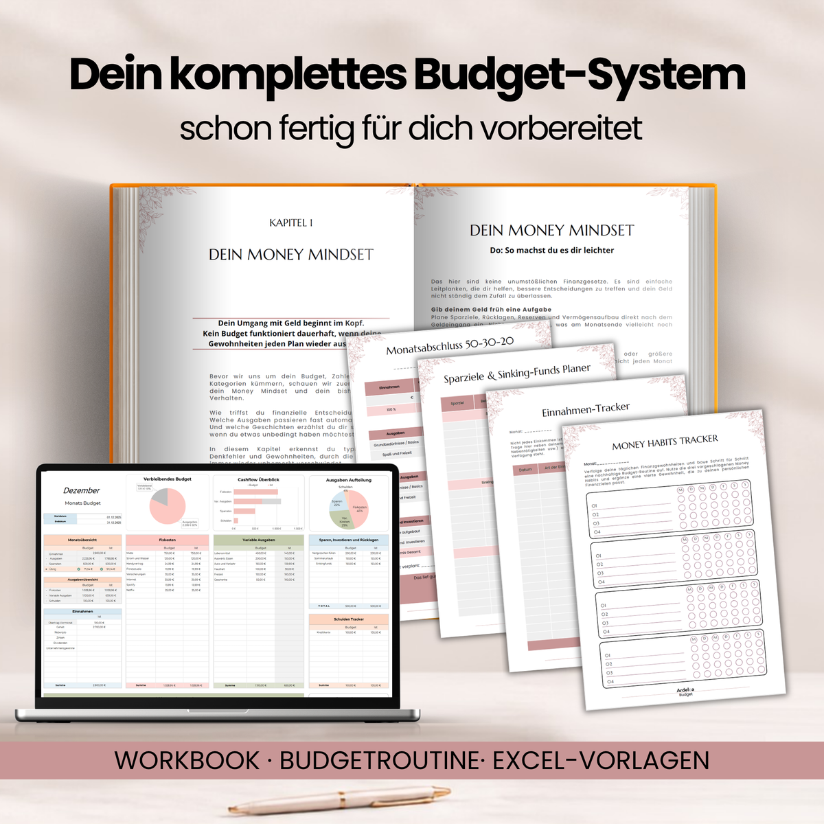 Ardeloa Money System mit über 80 Seiten Workbook, monatlicher Budgetroutine und sechs fertigen Excel-Tools für die persönliche Budgetplanung.