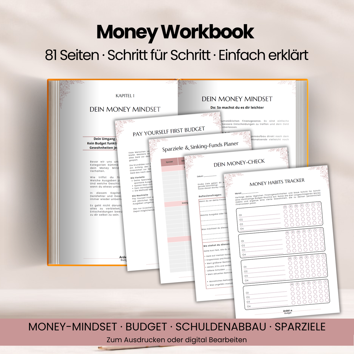 Ardeloa Money Workbook mit 81 Seiten zu Money-Mindset, Budgetplanung, Schuldenabbau und Sparzielen.