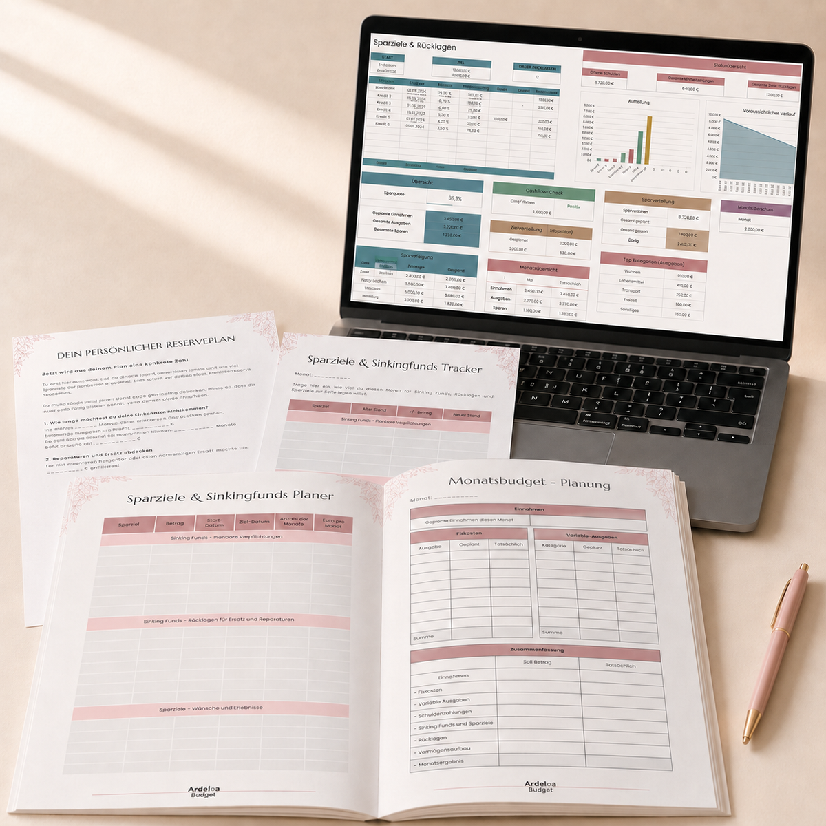 Ardeloa Money System mit Sparzielplaner, Sinking-Funds-Tracker, Reserveplan, Monatsbudget und Excel-Auswertung auf einem Laptop.