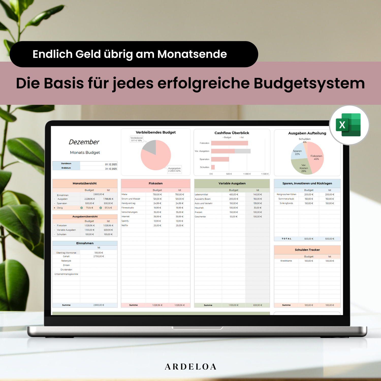 Haushaltsbuch Excel Vorlage mit automatischen Auswertungen für Budgetplanung und mehr Geld am Monatsende