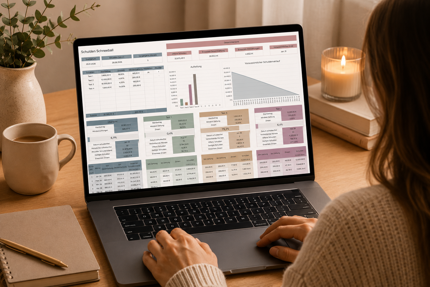 Frau arbeitet am Laptop mit der Schulden Schneeball Excel-Vorlage. Das Dashboard zeigt Tilgungsplan, Schuldenverlauf, Fortschrittsbalken und das voraussichtliche Datum der Schuldenfreiheit.