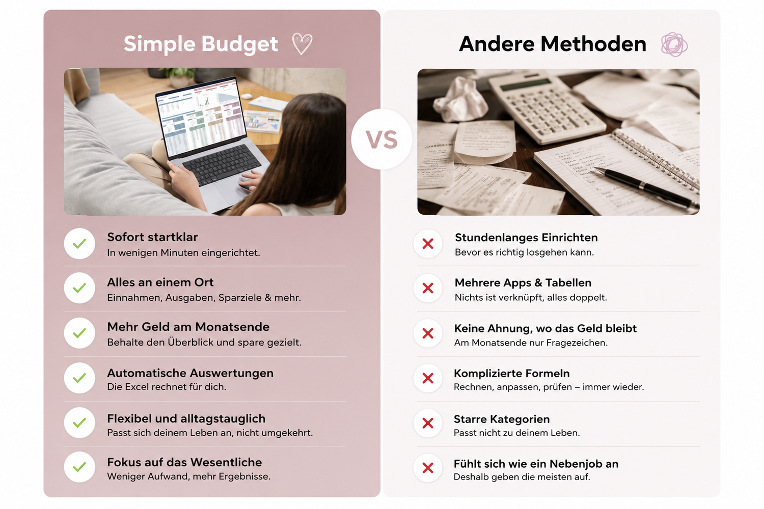 Vergleich zwischen dem Simple Budget Haushaltsbuch und klassischen Budgetmethoden. Das Simple Budget bietet automatische Auswertungen, mehr Übersicht und weniger Aufwand für die Budgetplanung.